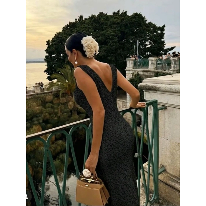 Kadın Askılı V Yakalı Uzun Triko Elbise