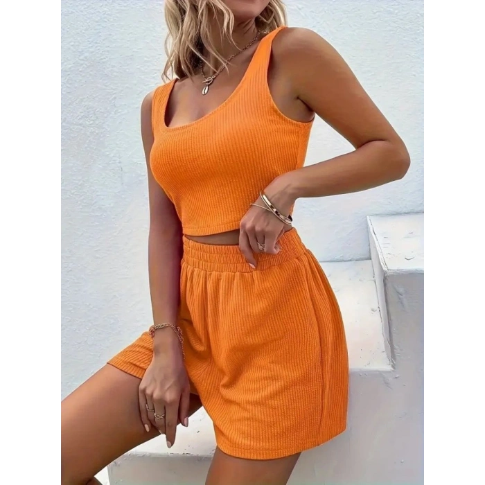 Kadın Askılı Yuvarlak Yakalı Burgu Krop Ve Bluz Short Ikili Takım