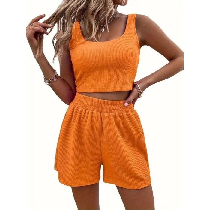 Kadın Askılı Yuvarlak Yakalı Burgu Krop Ve Bluz Short Ikili Takım