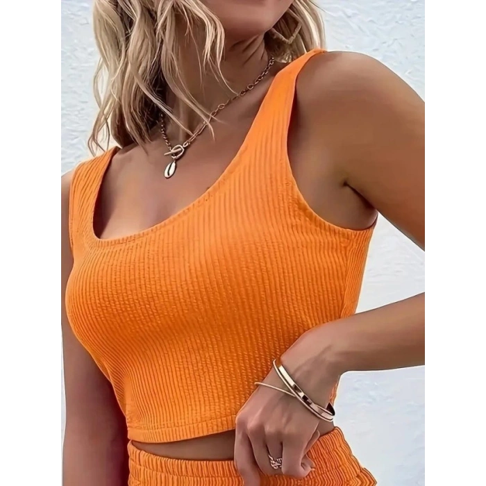 Kadın Askılı Yuvarlak Yakalı Burgu Krop Ve Bluz Short Ikili Takım