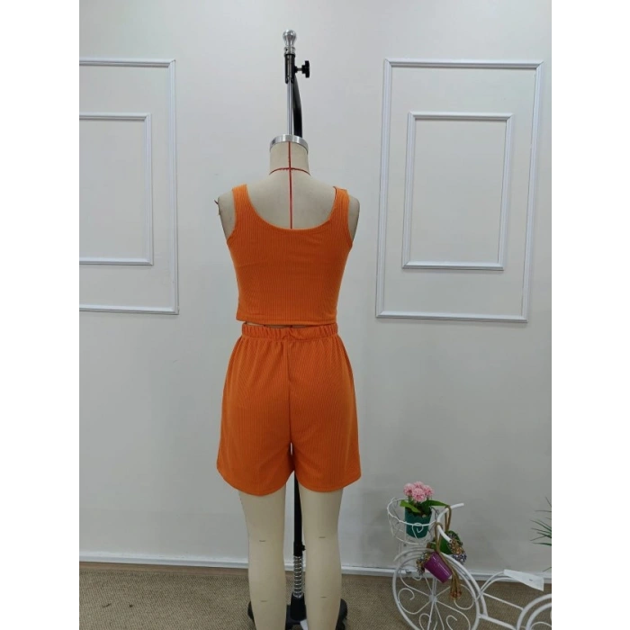 Kadın Askılı Yuvarlak Yakalı Burgu Krop Ve Bluz Short Ikili Takım