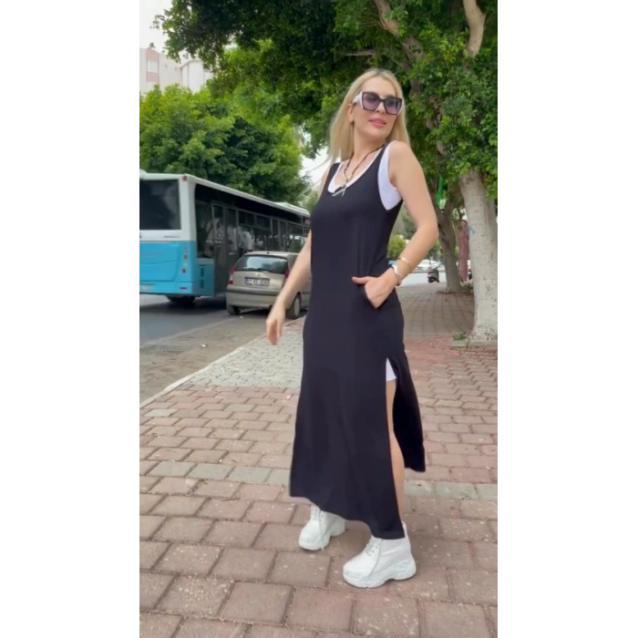 Kadın Askılı Yuvarlak Yakalı Cepli Yırtmaç Detaylı Viskon Elbise Ve Atlet Ikili Takım