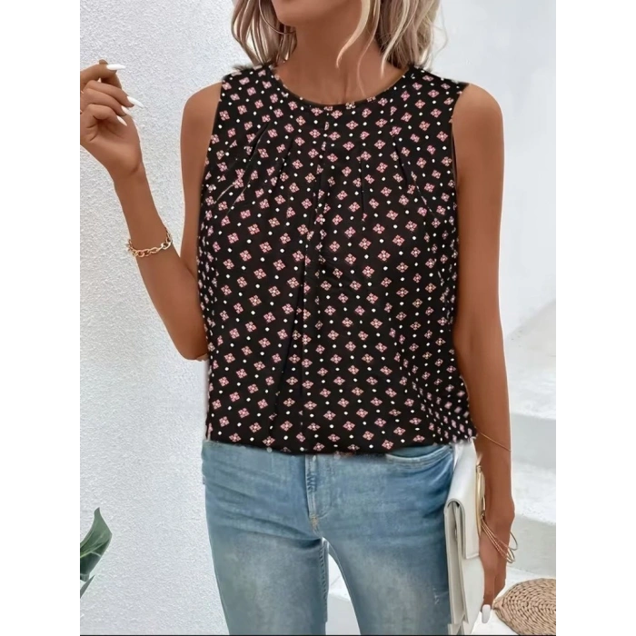 Kadın Askılı Yuvarlak Yakalı Desenli Süprem Bluz