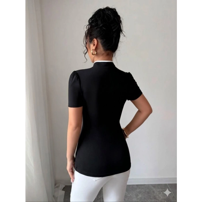 Kadın Beyaz şerit Detaylı Dar Kesim Dik Yaka Bluz