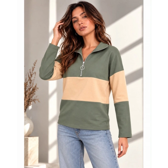 Kadın Fermuarlı Yaka Renk Bloklu Sweatshirt / Üst