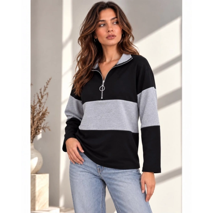 Kadın Fermuarlı Yaka Renk Bloklu Sweatshirt / Üst