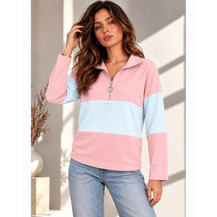 Kadın Fermuarlı Yaka Renk Bloklu Sweatshirt / Üst