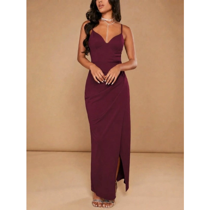 Kadın Ip Askılı Derin V Yakalı Yırtmaçlı Uzun Janjan Krep Elbise