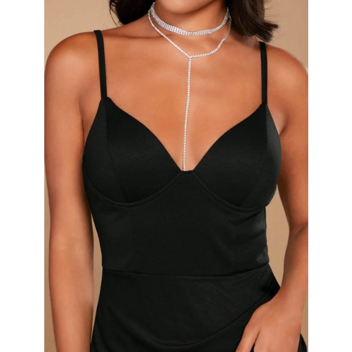 Kadın Ip Askılı Derin V Yakalı Yırtmaçlı Uzun Janjan Krep Elbise