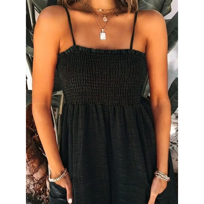 Kadın Ip Askılı Göğsü Lastik Detaylı Cepli Uzun Sofya Tulum