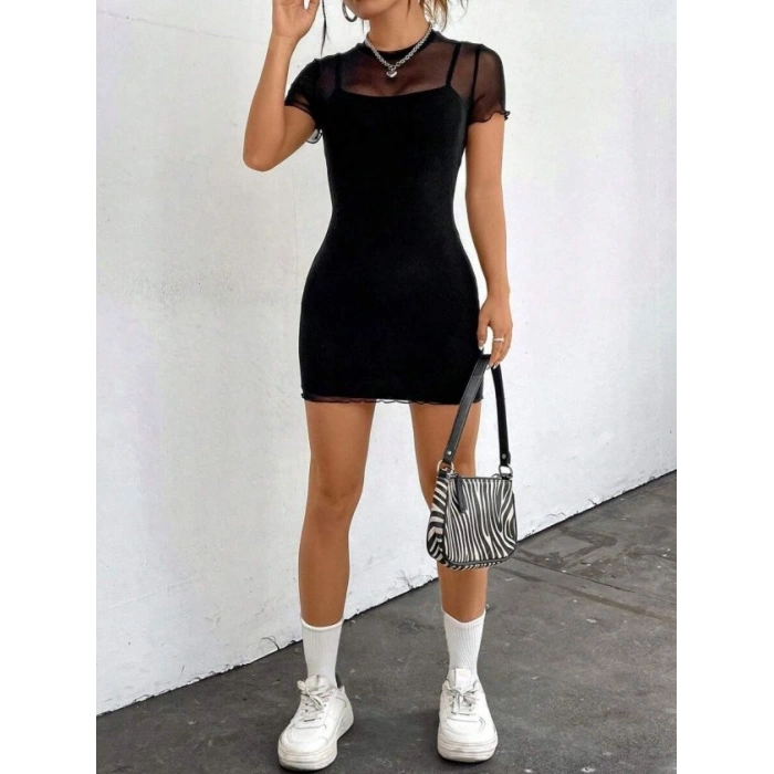 Kadın Ip Askılı Kısa Dalgıç Elbise Ve Kısa Kollu Tül Elbise Ikili Takım
