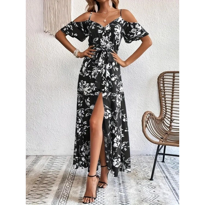 Kadın Ip Askılı Kısa Kollu Kruvaze Yakalı Yırtmaçlı Desenli Süprem Elbise