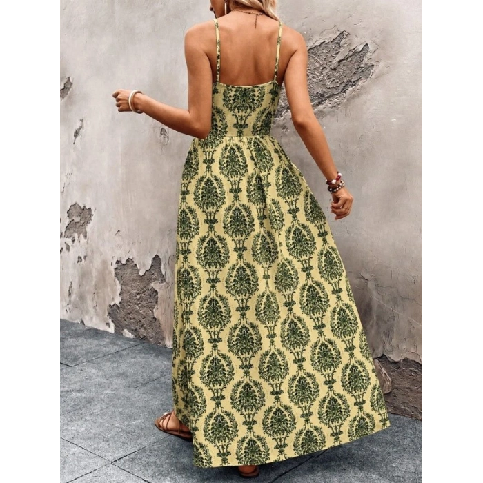 Kadın Ip Askılı V Yakalı önden Düğmeli Desenli Uzun Süprem Elbise