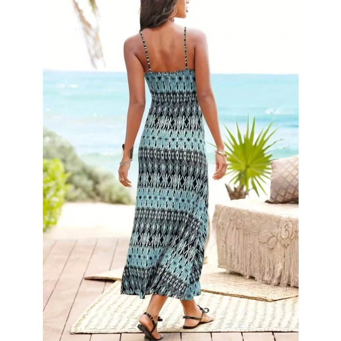 Kadın Ip Askılı V Yakalı Uzun Desenli Süprem Elbise
