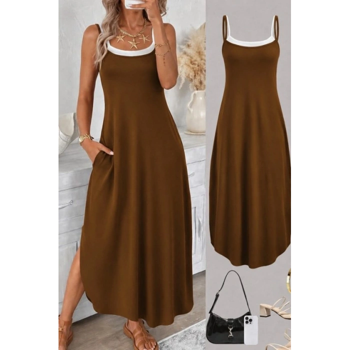 Kadın Ip Askılı Yuvarlak Yakalı Cepli Uzun Viskon Elbise