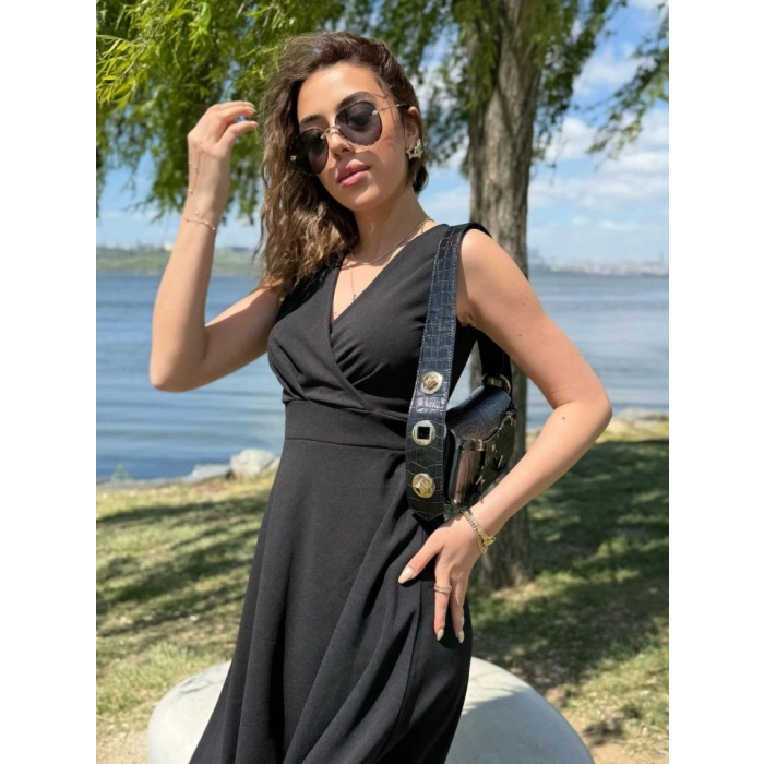 Kadın Ithal Krep Kumaş Kruvaze Yaka Eteği Kloş Kolsuz Mini Elbise