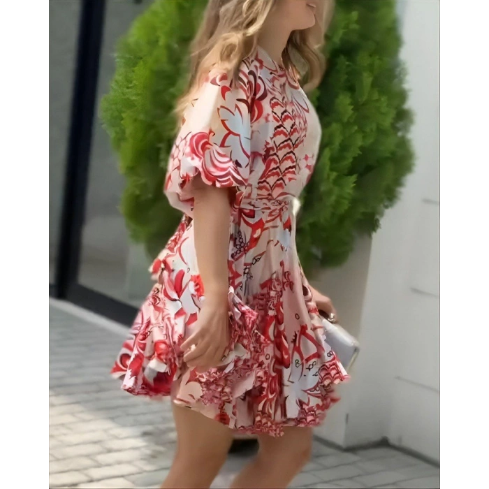 Kadın Kısa Balon Kollu Yuvarlak Yakalı Pileli Desenli Mini Elbise