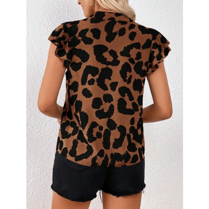 Kadın Kısa Fırfır Kollu V Yakalı Leopar Desenli Süprem Bluz