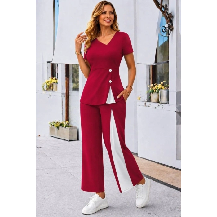 Kadın Kısa Kollu Asimetrik V Yakalı Yandan Düğmeli Janjankrep Bluz Ve Pantolon Ikili Takım