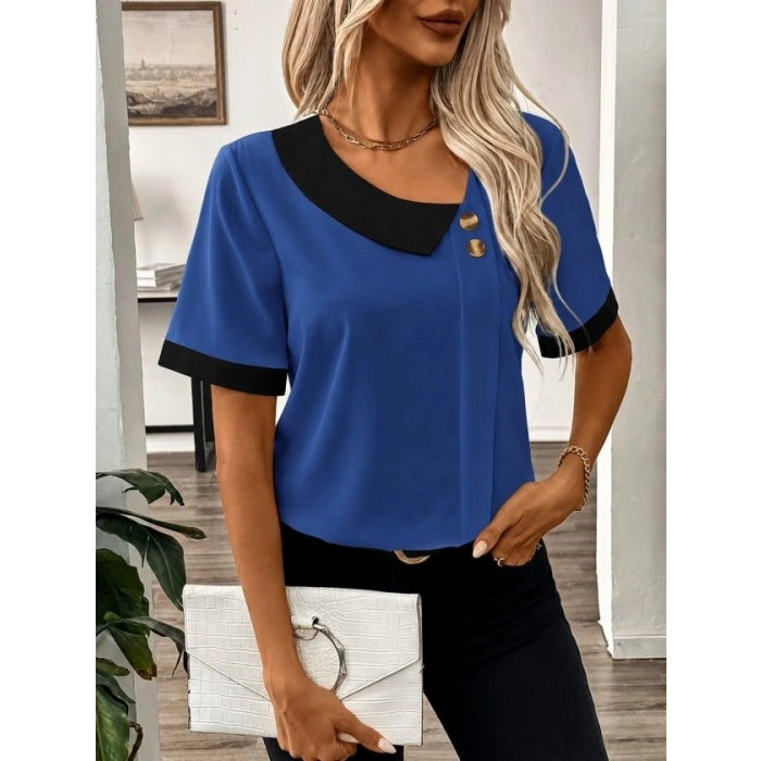 Kadın Kısa Kollu Asımetrik Yaka Detaylı Düğmeli Dubai Bluz