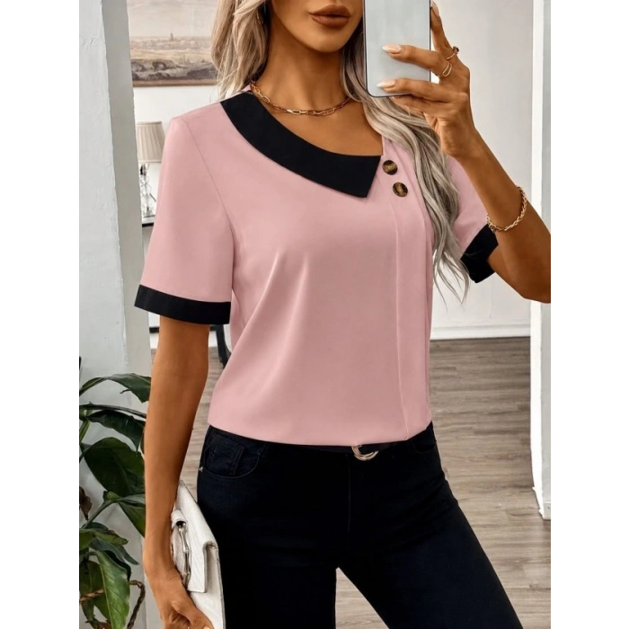 Kadın Kısa Kollu Asımetrik Yaka Detaylı Düğmeli Dubai Bluz