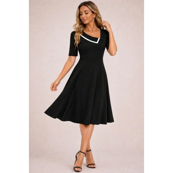Kadın Kısa Kollu Asimetrik Yaka Detaylı Midi Janjan Krep Elbise