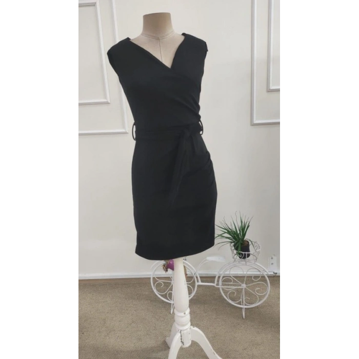 Kadın Kısa Kollu Belden Kuşaklı Büzgülü Kısa Ithal Krep Elbise