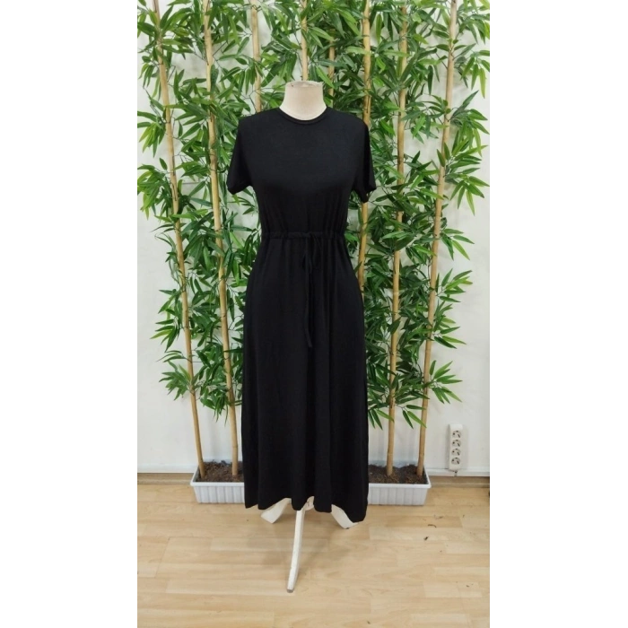 Kadın Kısa Kollu Bisiklet Yaka Belden Bağlamalı Maksi Boy Viskon Elbise