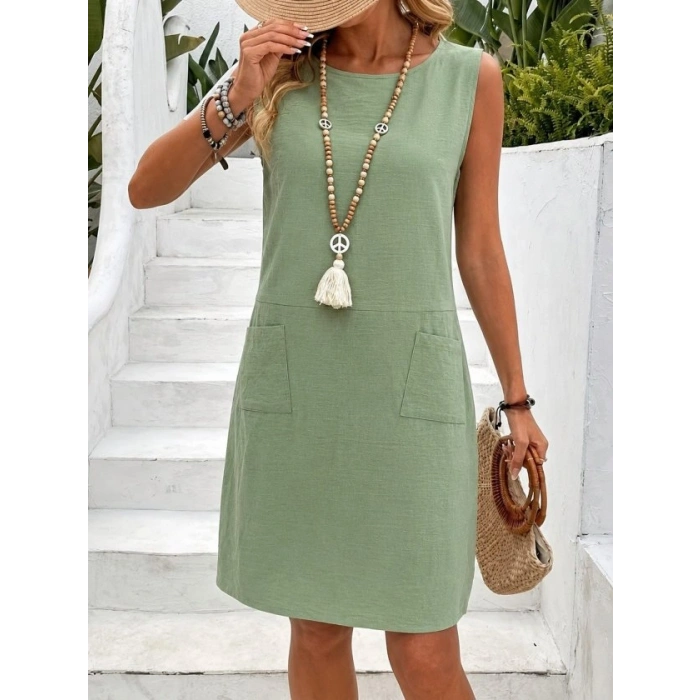 Kadın Kısa Kollu Bisiklet Yaka Cepli Kısa Keten Elbise