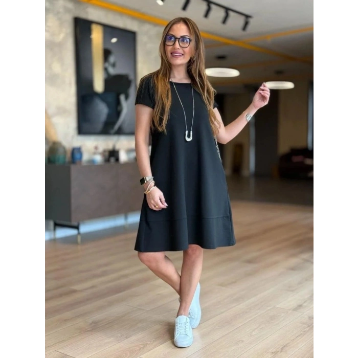 Kadın Kısa Kollu Bisiklet Yaka Cepli Viskon Iki Iplik Elbise