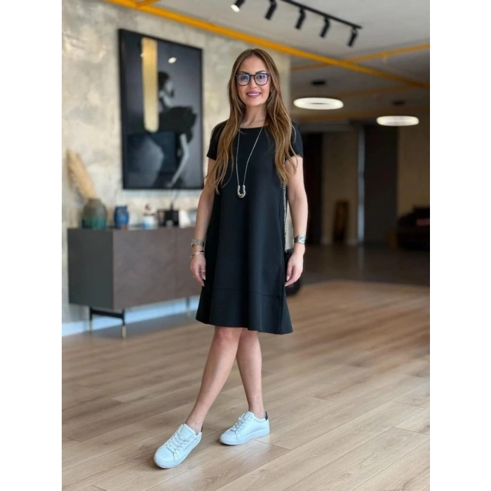 Kadın Kısa Kollu Bisiklet Yaka Cepli Viskon Iki Iplik Elbise