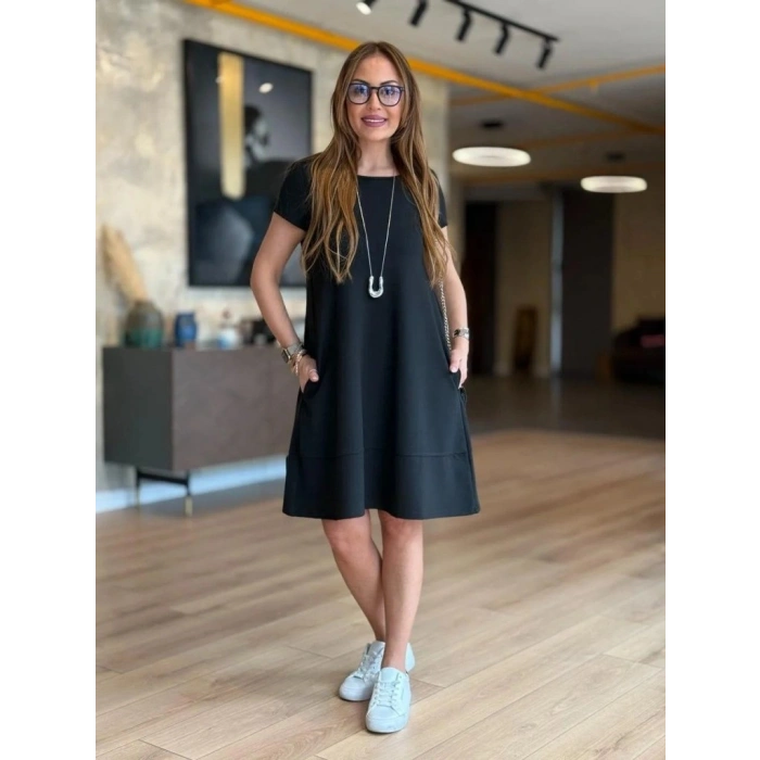 Kadın Kısa Kollu Bisiklet Yaka Cepli Viskon Iki Iplik Elbise