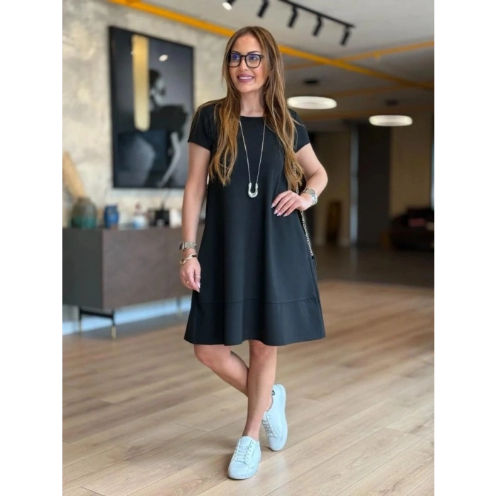 Kadın Kısa Kollu Bisiklet Yaka Cepli Viskon Iki Iplik Elbise