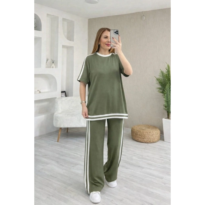 Kadın Kısa Kollu Bisiklet Yaka çift Renk şerit Detaylı Viskon Iki Iplik Bluz Ve Pantolon Ikili Takım