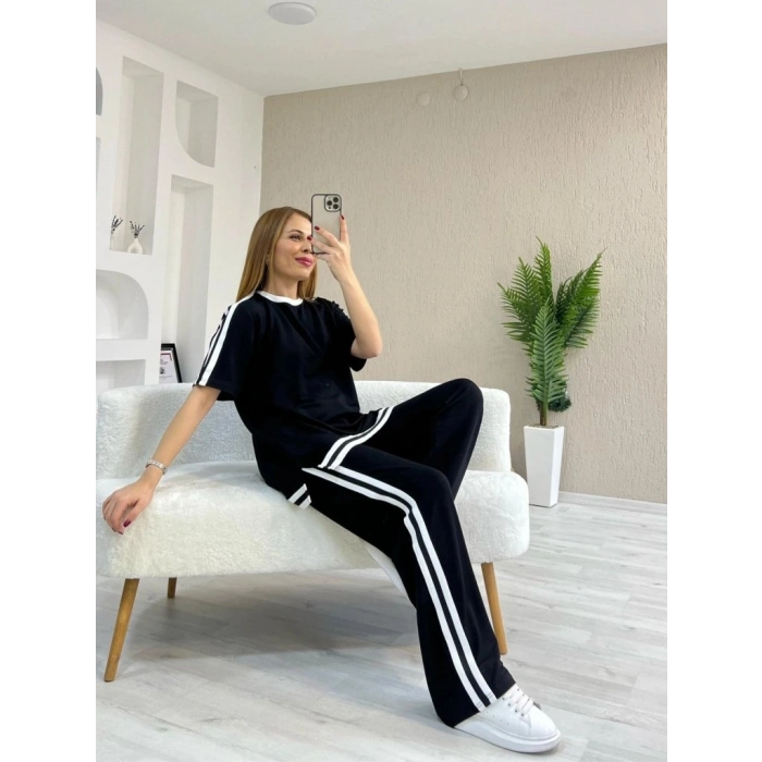 Kadın Kısa Kollu Bisiklet Yaka çift Renk şerit Detaylı Viskon Iki Iplik Bluz Ve Pantolon Ikili Takım