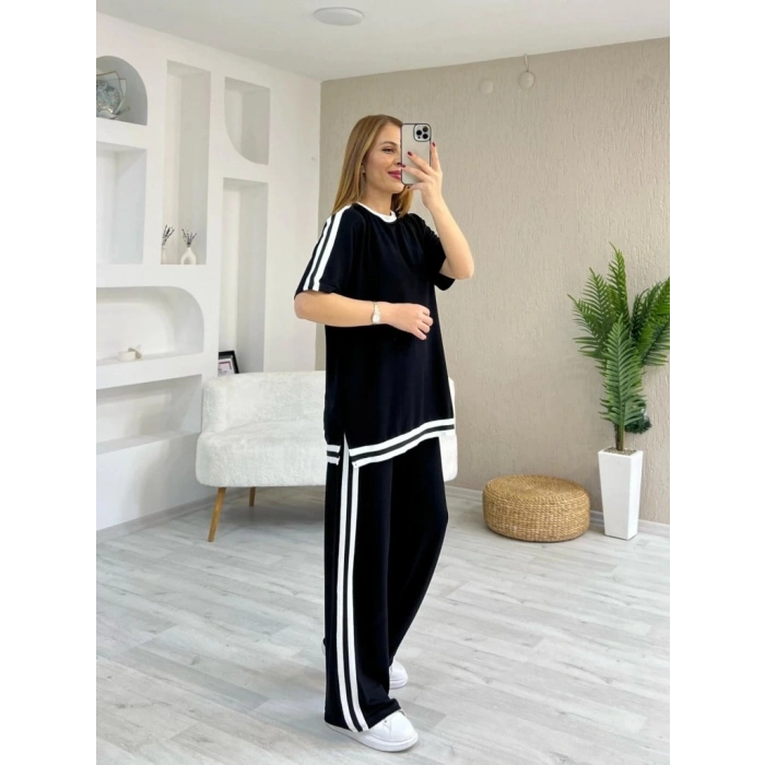 Kadın Kısa Kollu Bisiklet Yaka çift Renk şerit Detaylı Viskon Iki Iplik Bluz Ve Pantolon Ikili Takım
