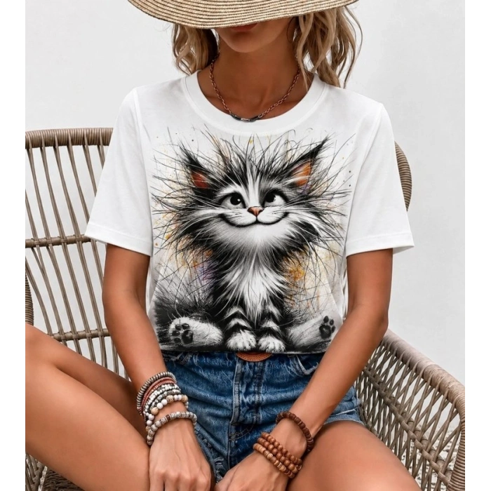 Kadın Kısa Kollu Bisiklet Yaka Kedi Baskılı Süprem Bluz