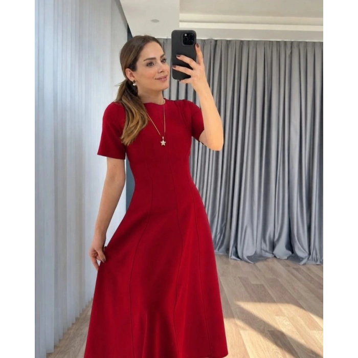 Kadın Kısa Kollu Bisiklet Yaka Maksi Boy Ithal Krep Elbise