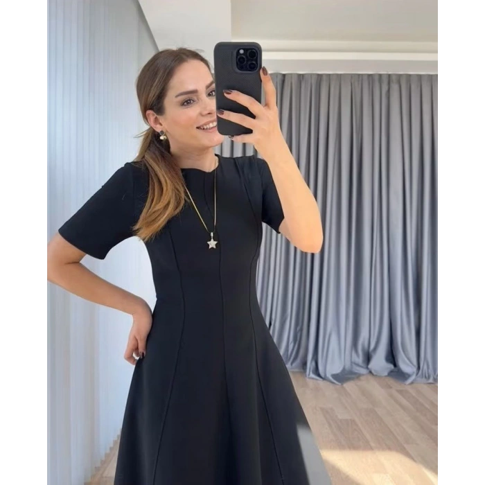 Kadın Kısa Kollu Bisiklet Yaka Maksi Boy Ithal Krep Elbise