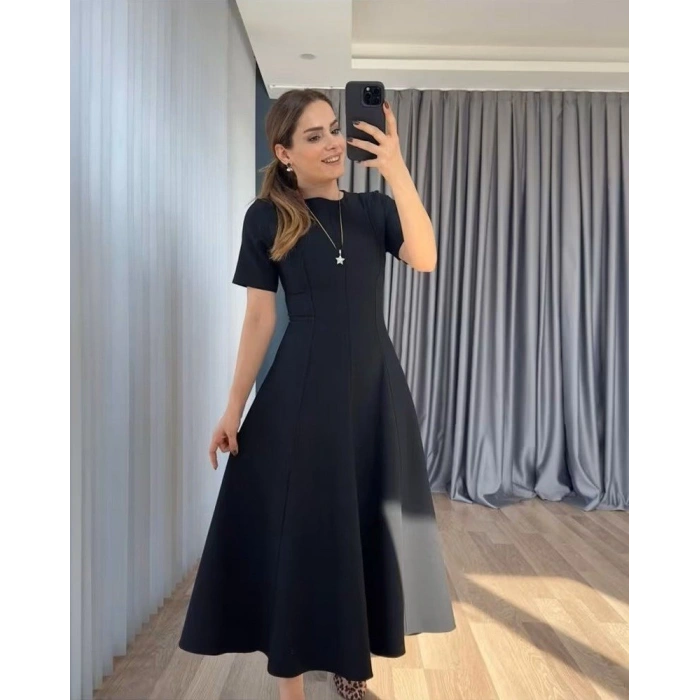 Kadın Kısa Kollu Bisiklet Yaka Maksi Boy Ithal Krep Elbise
