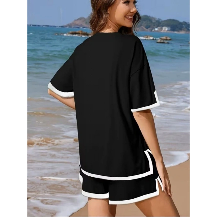 Kadın Kısa Kollu Bisiklet Yaka şerit Detaylı Viskon Iki Iplik Bluz Ve Kısa Short Ikili Takım