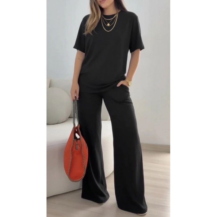 Kadın Kısa Kollu Bisiklet Yaka Viskon Iki Iplik Bluz Ve Pantolon Ikili Takım
