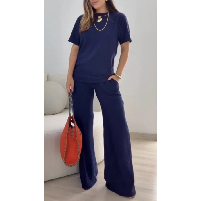 Kadın Kısa Kollu Bisiklet Yaka Viskon Iki Iplik Bluz Ve Pantolon Ikili Takım