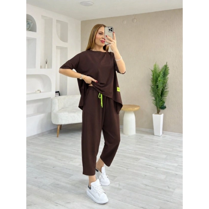 Kadın Kısa Kollu Bisiklet Yaka Viskon Iki Iplik Bluz Ve Pantolon Ikili Takım