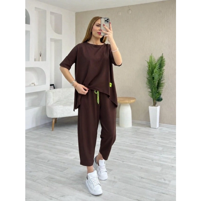 Kadın Kısa Kollu Bisiklet Yaka Viskon Iki Iplik Bluz Ve Pantolon Ikili Takım