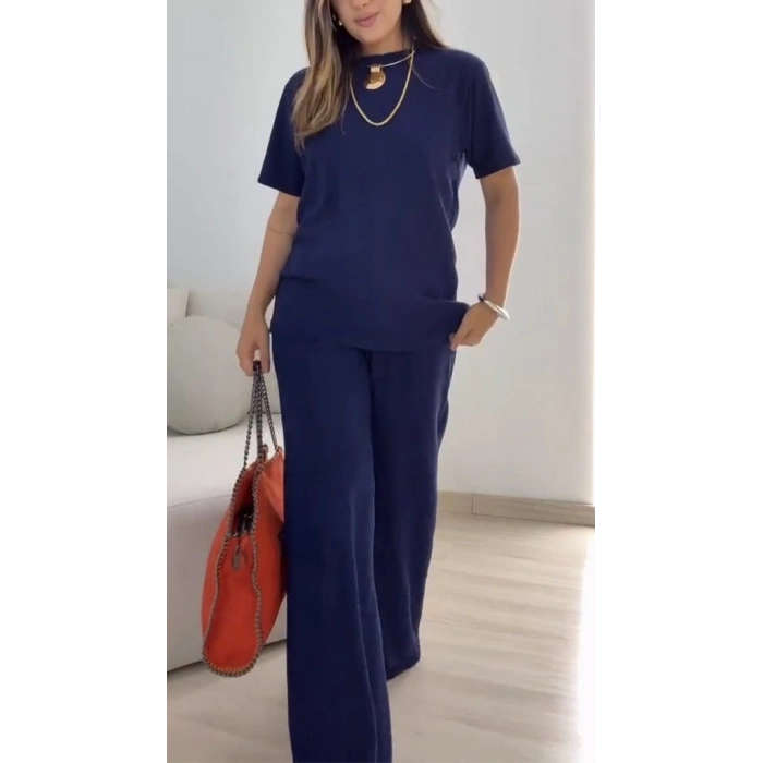 Kadın Kısa Kollu Bisiklet Yaka Viskon Iki Iplik Bluz Ve Pantolon Ikili Takım