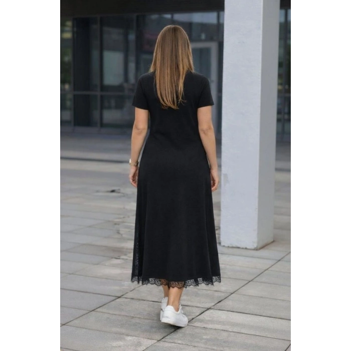 Kadın Kısa Kollu Bisiklet Yaka Yandan Yırtmaçlı Dantel Detaylı Uzun Viskon Elbise