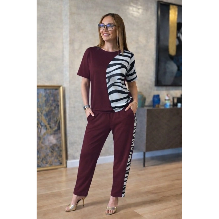 Kadın Kısa Kollu Bisiklet Yaka Zebra Desen Bluz Ve Pantolon Ikili Takım