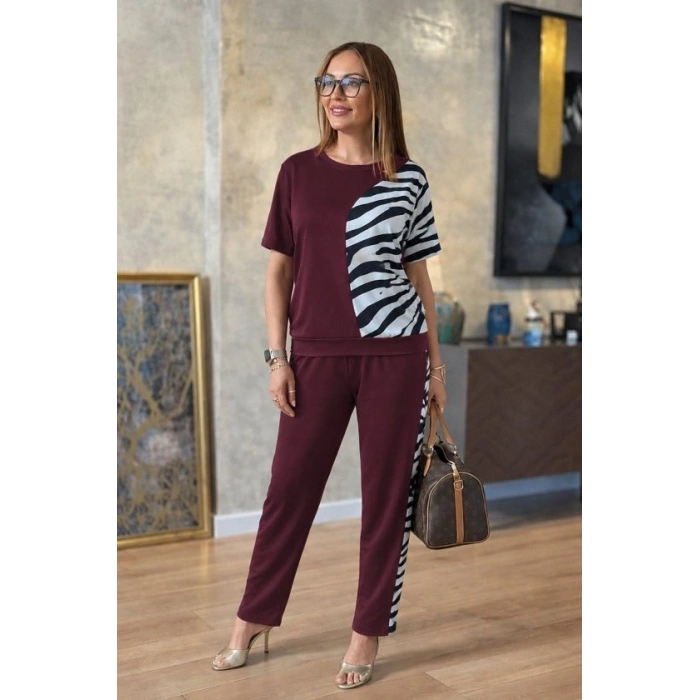 Kadın Kısa Kollu Bisiklet Yaka Zebra Desen Bluz Ve Pantolon Ikili Takım