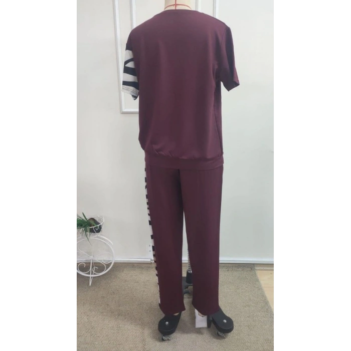 Kadın Kısa Kollu Bisiklet Yaka Zebra Desen Bluz Ve Pantolon Ikili Takım
